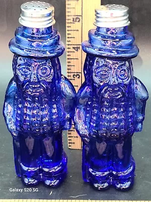 Vintage Cobalt Blue Glass  Mr. Peanut Salt & Pepper Shakers Great Condition • $25