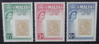 MALTA 1960 QEII Stamp Centenary.  Set Of 3. Mint Lightly HINGED. SG301/303. • $1.58