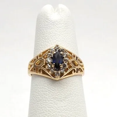 14K Gold Natural Sapphire September Birthstone Diamond Halo Marquise Ring • $179.55
