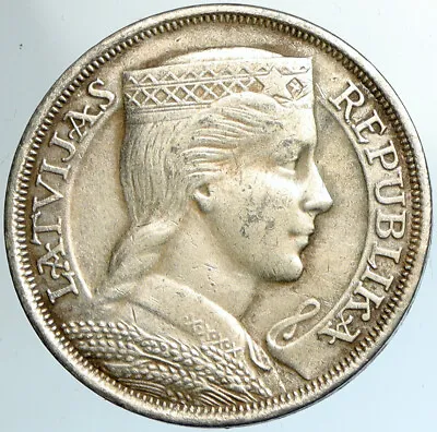 1931 LATVIA W Female Headwear 5 Lati LARGE Vintage Silver European Coin I102358 • $246.15