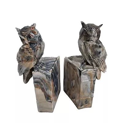 Vintage Owl Bookends Faux Marble Alabaster Books Feathers Witchy Goth Wizard • $149.99