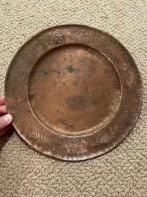 Vintage Arts And Crafts Hammered Copper Charger Plate Acorns & Oak Leaves Border • $79.99