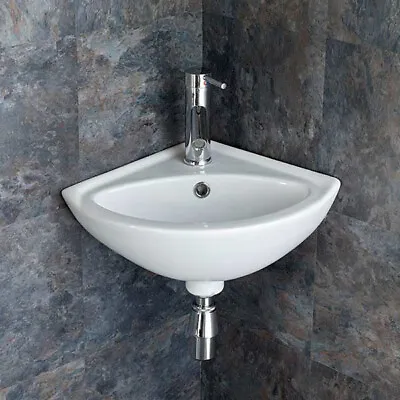 Corner Compact Slim Wall Hung Ceramic Basin Sink Mini Tiny Small 1 Tap Cloakroom • £39.99