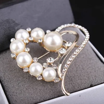 Heart Crystal Imitation Pearls Brooch Women Wedding Dress Accessories TO • £3.38