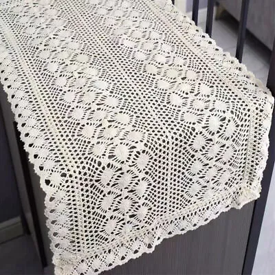 15x35  Vintage Hand Crochet Lace Table Runner Dresser Scarf Flower Doily Wedding • $12.59