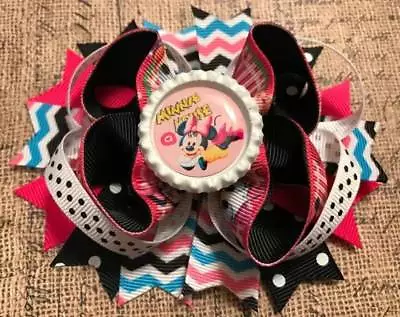 Minnie Mouse Hot Pink Black Chevron Polka Dot Bottle Cap Hair Bow 5  • $3.95