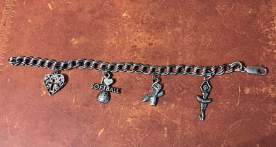 $39.99 • Buy Vintage Sterling Silver Charm Bracelet Ballerina Softball Jesus Heart