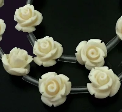 10mm Ivory / White Cream Shell Rose Flower Beads (15) • $5.99