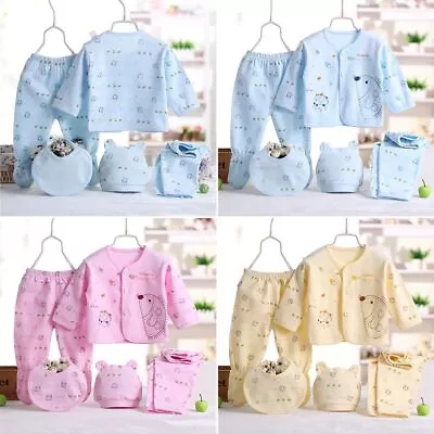 5PCS Newborn Baby Boys Girls Long Sleeve Cartoon Tops Hat Pants Bib Outfits Set • £8.05