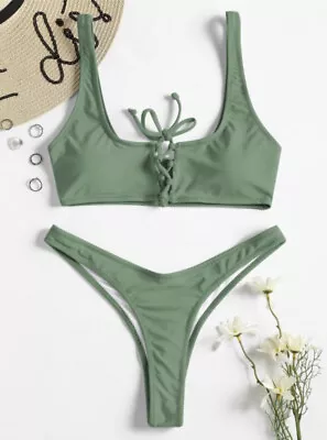 Zaful “Lace Up Thong Bikini Set” In Camouflage Green Size M/ AUS10/ US6 • $30