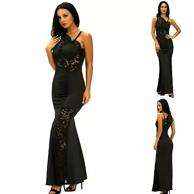 Sz M 10 12 Black Lace Sexy Formal Cocktail Wedding Evening Gown Party Maxi Dress • $43.99