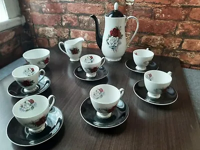 Vintage QUEEN ANNE Bone China Tea Set BlackWhiteRed Rose Made In England.  • £150