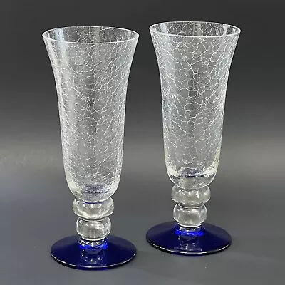 2 Villeroy & Boch Clear Crackle Cobalt Blue Base Champagne Flutes 8  RARE • $49.95