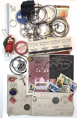 Junk Drawer Lot Ship Menu Milk Cap Tokens Glasses Jewelry Stamps Ephemera • $22