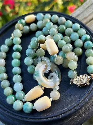 Antique 19th Chinese Natural Green /blue Jadeite Jade Beads Necklace 29” 70.6g • $139.90