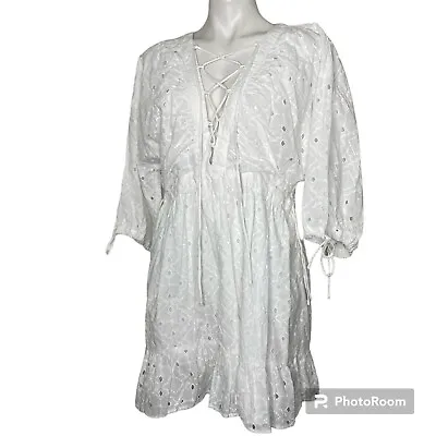 ASOS White Eyelet Dress 10 Lace Up Drawstring Waistline Mini Deep V Neck • $19.98