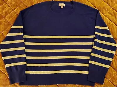 J Crew Cashmere Sweater Womens Pullover Blue Beige Striped Size XL Wide Preppy • $34.99