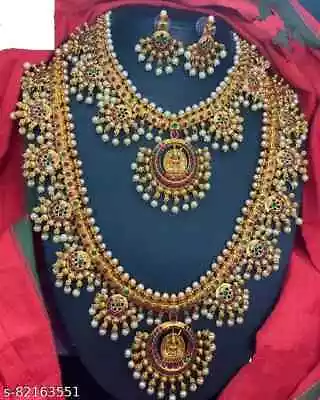 South Indian Bollywood Matt Gold Plated Traditional Temple Necklace Jewelry Set • $35.99