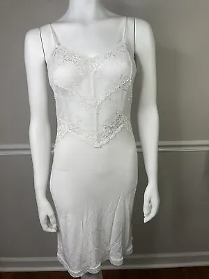 Vintage Winter Silks Sheer Lace Bodice Silk  Dress Full Slip Small White Sexy • $39.95