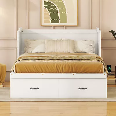 Full Size Bed Frame Wood Murphy Bed With USB Port And A Large Drawer For Bedroom • $665.69