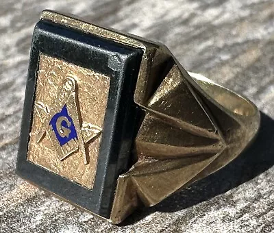 Vintage Mens Masonic Ring 10K Gold Back Onyx Freemason Compass Dason • $429.95