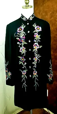 Units Womens Vintage Black Embroidered Lightweight Coat Size M Pockets Button Up • $39.50