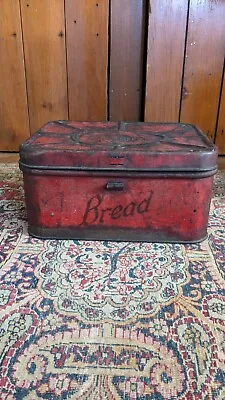 Antique Primitive Old Metal Tin Bread Storage Box Orig Red 13  Patina • $69