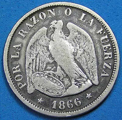 Chile 20 Centavos .900 Silver Coin 1866 KM-135 23 Mm • $18.21