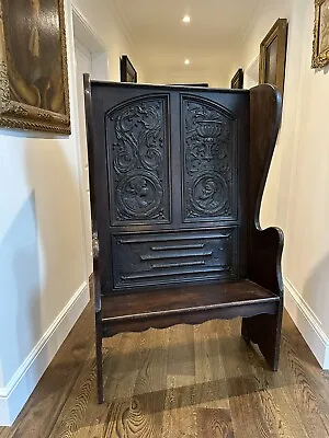 Antique Carved Oak Hall Chair Monks Bench Settle Romayne Portrait Panels • £1400