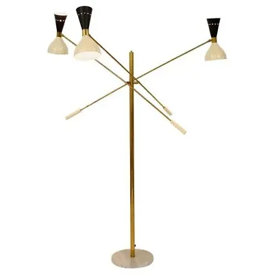 Mid-Century Stilnovo Style Italian Floor Lamp Three-Arm Brass And Marble Black • $312.80