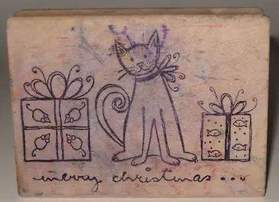 Magenta Rubber Stamp Kitty Cat  Merry Christmas  Gifts Wood Mount 3.75  X 2.75  • $2.99