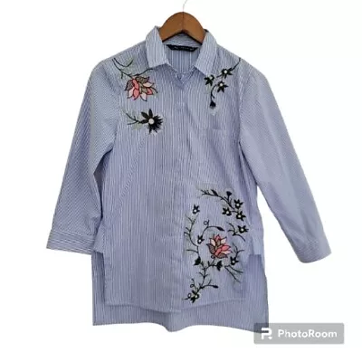 $19.99 • Buy Zara Woman Sz XS Top Blue Striped Button Down Embroidered Women's Top