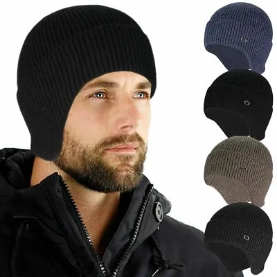 Warm Men Knitted Aviator Thick Beanie Hat Winter Lining With Ear Flaps Ski Hat • $9.09