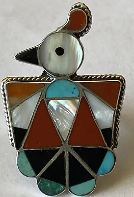 Vintage Zuni Silver Multi-Stone Inlay Thunderbird Ring Size 5 1/4 • $125