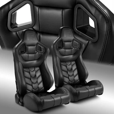 Black PVC Reclinable Pure Series Sport Racing Seats Pair W/Slider Left/Right • $341.98