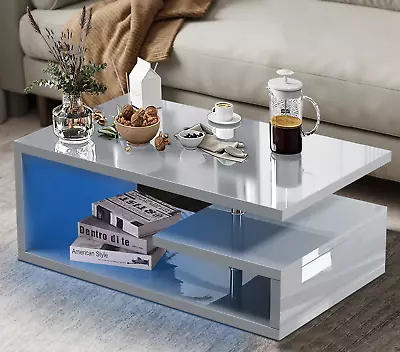 Wooden Coffee Table With Storage High Gloss Sofa End Table LED Light Living Room • £59.99