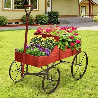 Wagon Garden Planter Wood Decorative Flower Pot Stand With 4 Large Wheels • £32.95