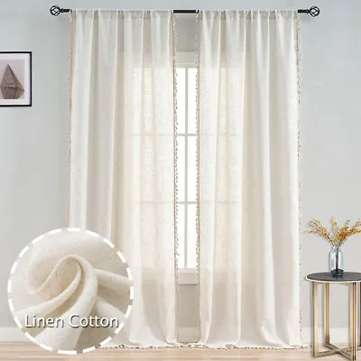 Linen Beige Curtain Window Sheer Curtain Tassel Drapes Light Filtering Curtains • £15.11