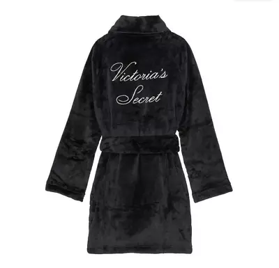 Victorias Secret Cozy Short Plush Embossed Logo Bath Robe Pockets Black Xs/s • $19.99