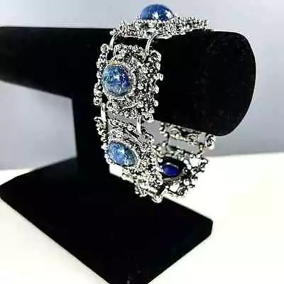 Vintage Blue Fire Opal Glass Cabochon Panel Bracelet Wide Silver Tone • $29.99