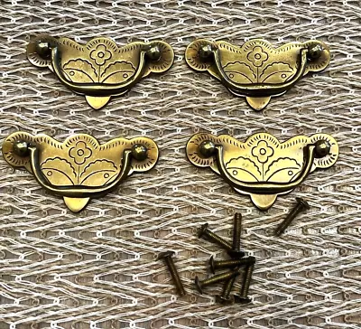 Lot Of 4 Vintage Brass Bail Drawer Pulls Flower Design 2.5  Hole Separation • $22