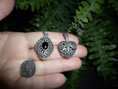 2 Vintage Sterling Silver W Marcasite - LOCKET PENDANTS - One Is FAS With Onyx • $28.85