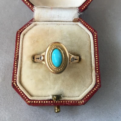 £365 • Buy ANTIQUE SOLID 18ct 18K 750 GOLD PERSIAN TURQUOISE DIAMOND RING UK Q, HEAVY 5.8g