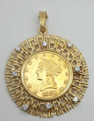 Genuine 1887 American $10 Liberty Gold Coin In 14k Starburst Bezel W/ Diamonds • $2550