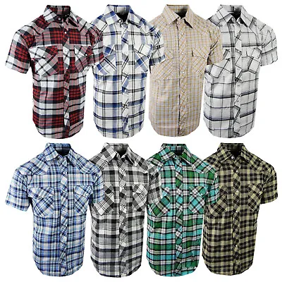 Mens Western Plaid Shirt Short Sleeve Snap Up Flap Pockets NEW Casual Colors A • $19.95