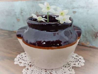 Vintage Stoneware Crock Brown And White Bean Pot Farmhouse Decor • $16