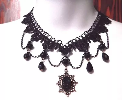 THIN BLACK FLOWERS CHOKER Glitter Cab Bronze Gothic Steampunk Necklace Lace J3 • $7.49