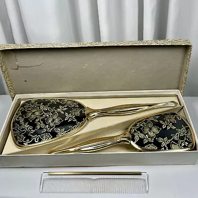 Vintage Matson Black And Gold Floral Vanity Dresser Set Brush Comb Mirror NIB • $63.99