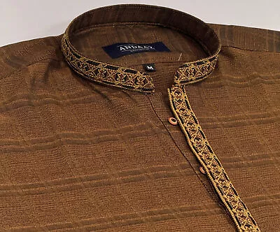 Men's Light Brown Kurta With Placket Embroidery • £25