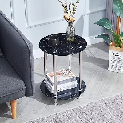 2 Tier Round Black Marble Tempered Glass Side End Table Stainless Steel W/ Shelf • $37.99